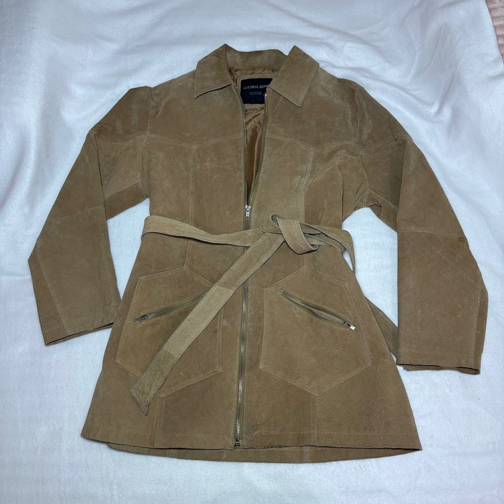 Neutral Zone Tan Suede Genuine Leather Belted Zip Front Jacket Coat Women